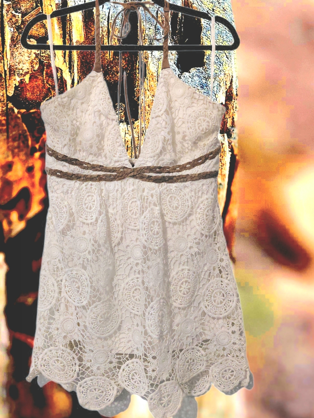 Sky Ivory Crochet Lace Halter Top Lined Large Suede Like Contrasting Woven Ties - Picture 8 of 12